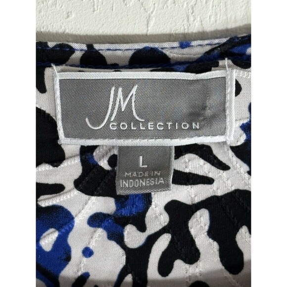 My Collections White Royal Blue Black Stretch 3/4 Sleeve Blouse Woman’s Large - Picture 2 of 8